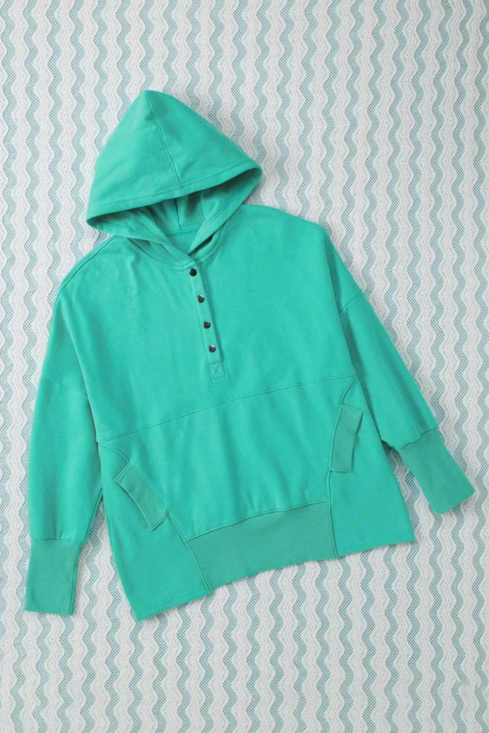 Turquoise Batwing Sleeve Henley Hoodie