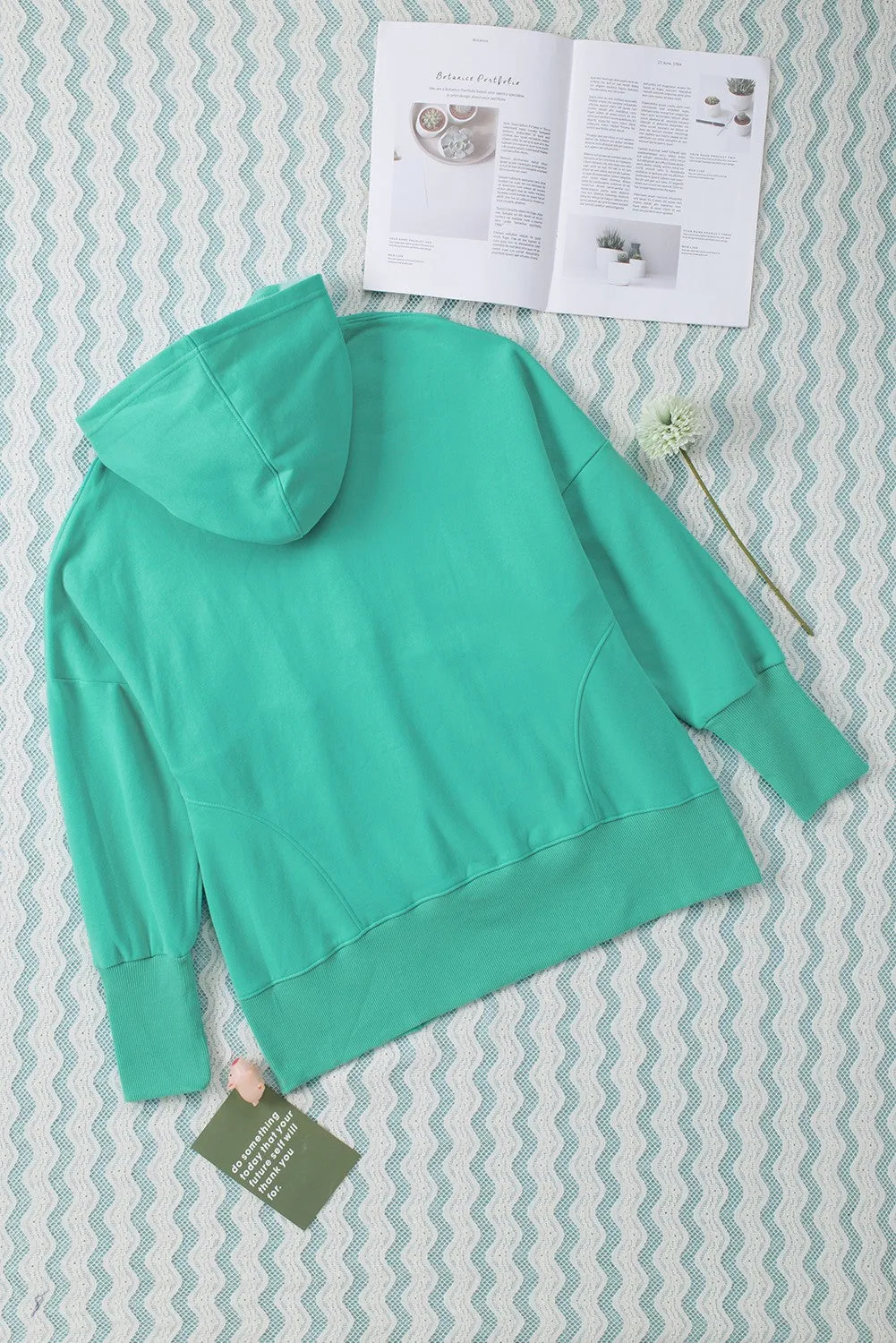 Turquoise Batwing Sleeve Henley Hoodie