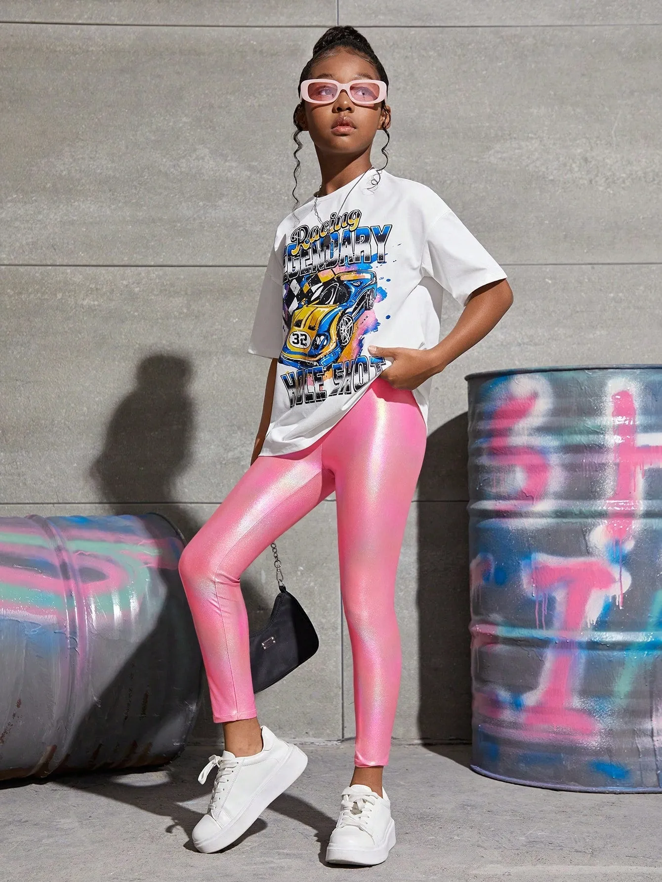 Tween Girl Holographic Cropped Leggings - Non-Stretch, Knitted, Spring/Fall Wear