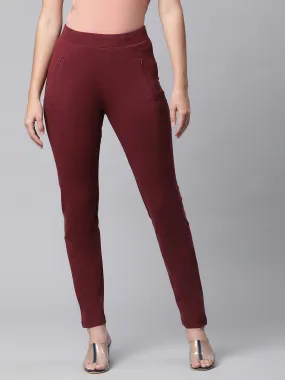 Women Maroon High Rise Loose Fit Cotton Lower