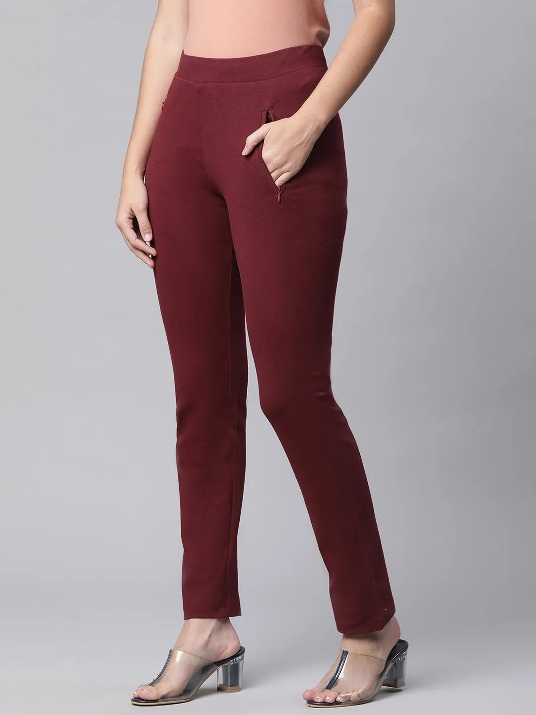 Women Maroon High Rise Loose Fit Cotton Lower