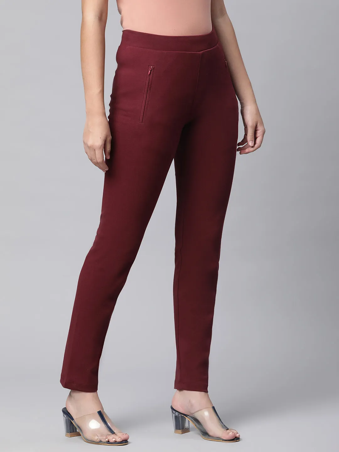 Women Maroon High Rise Loose Fit Cotton Lower