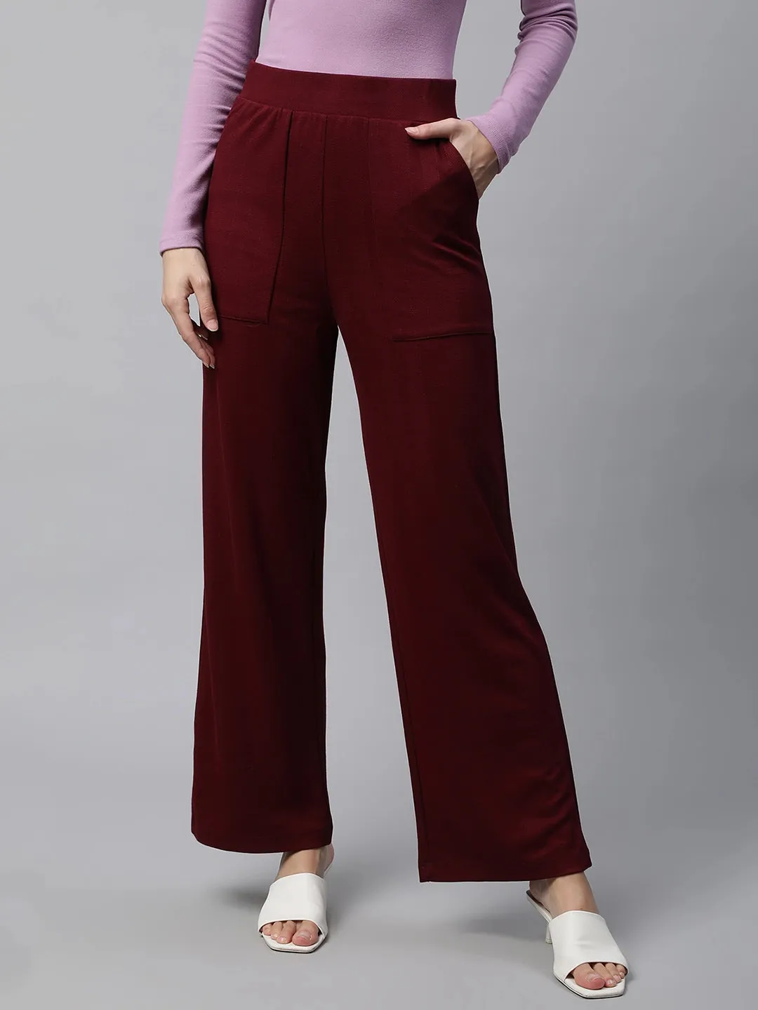 Women Wine High Waisted Boot Cut Cotton Blend Lower