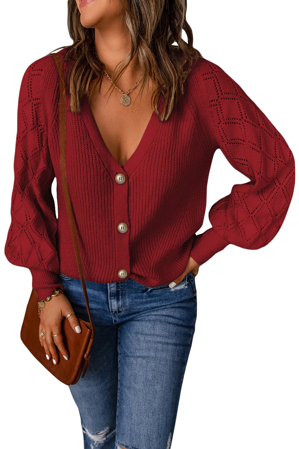 Women's Bishop Sleeve Button V Neck Sweater Cardigan