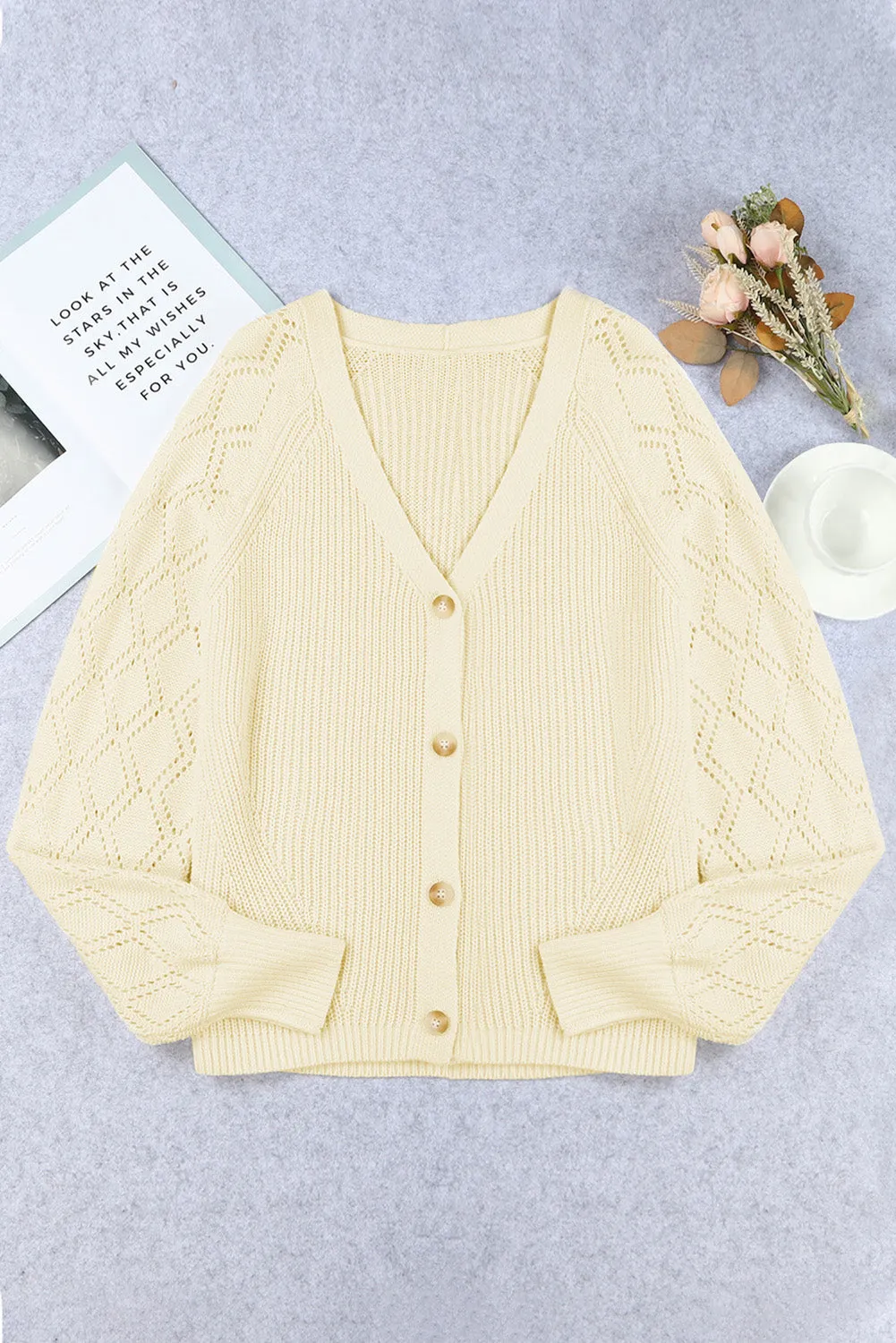 Women's Bishop Sleeve Button V Neck Sweater Cardigan