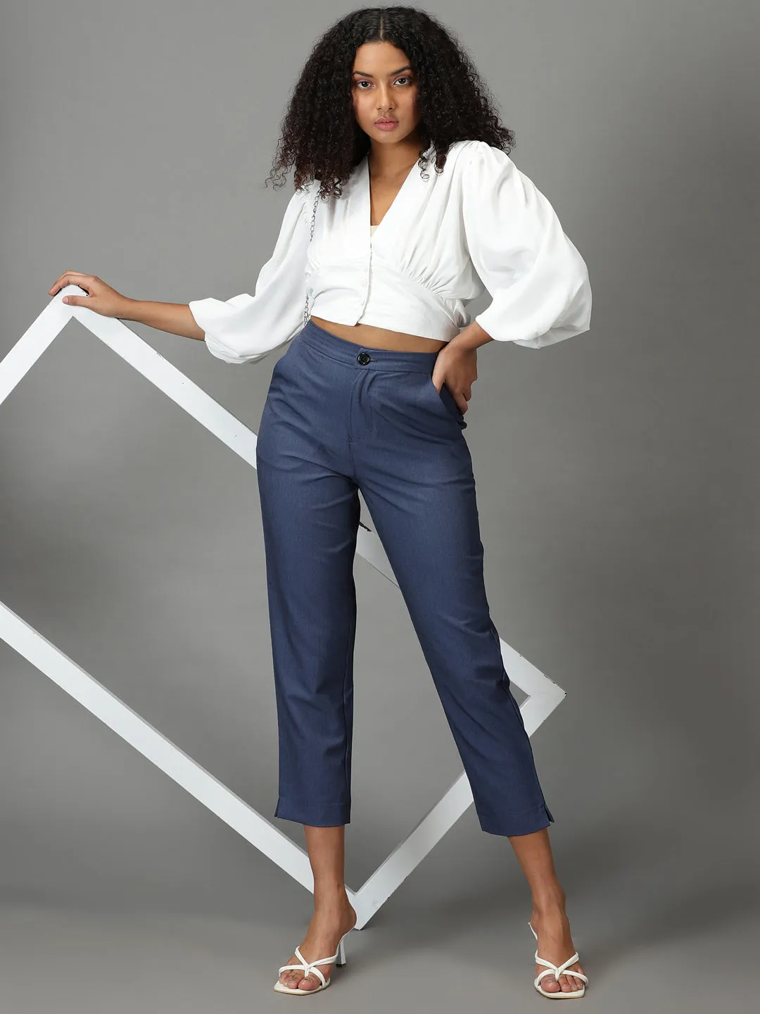 Women's Blue Solid Formal Trouser