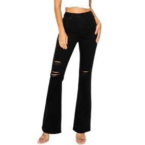 Women's Destructed Flare High Waist Bell Bottoms Stretchy Denim Jeans