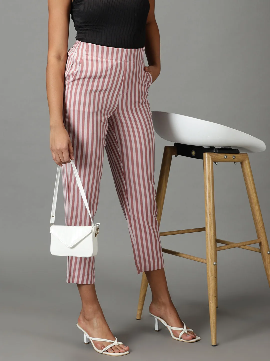 Women's Mauve Striped Formal Trouser