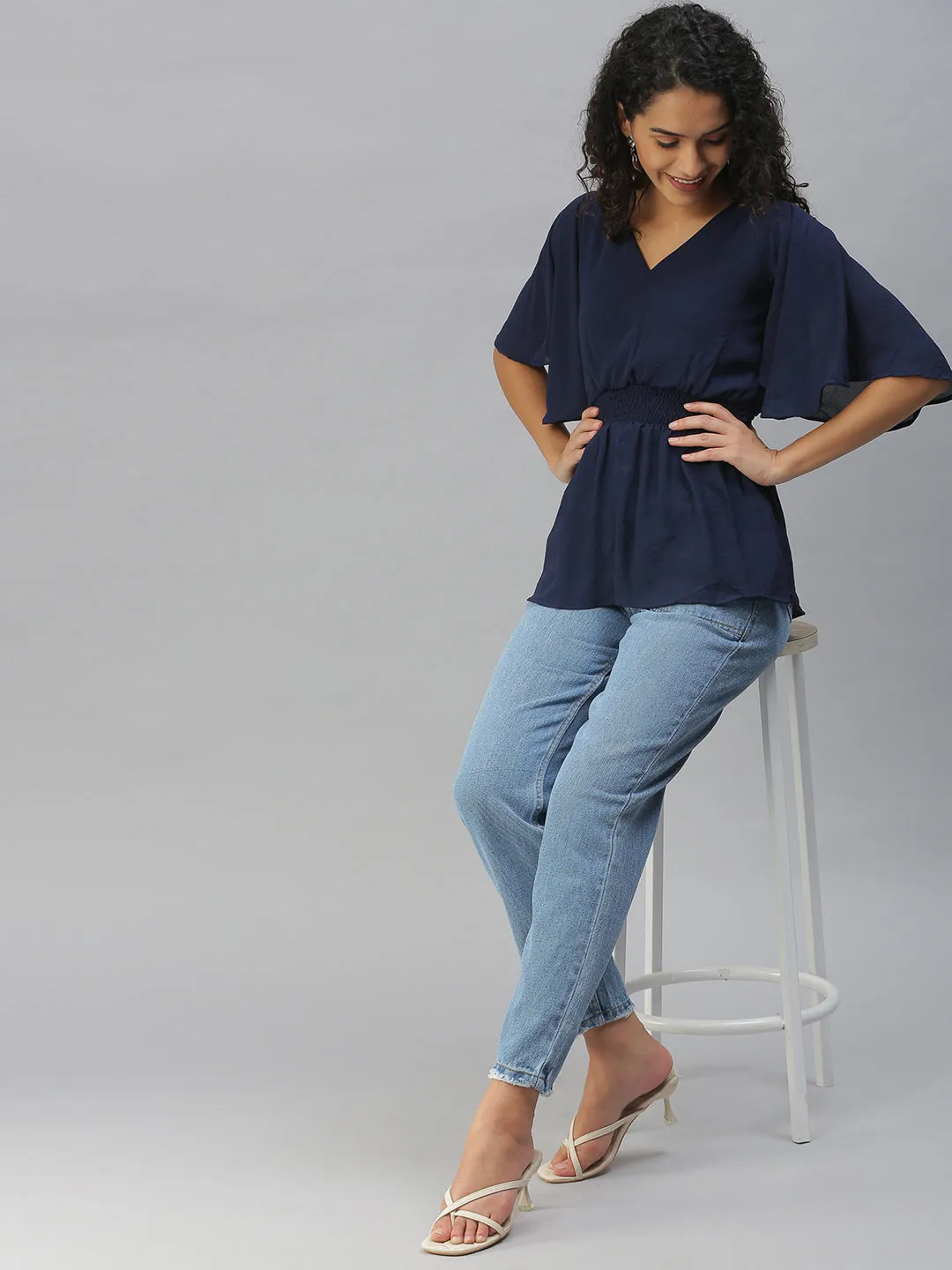 Women's Navy Blue Solid Tops